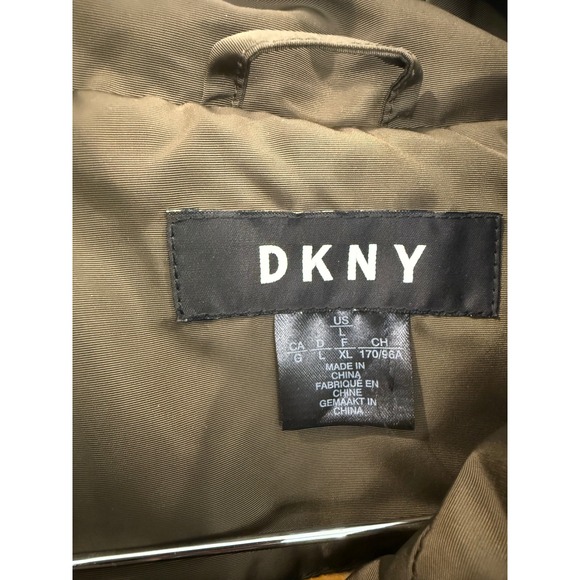 DKNY Women's Puffer Bomber Jacket Faux Fur Trim Hooded Khaki Olive Green - Picture 3 of 7